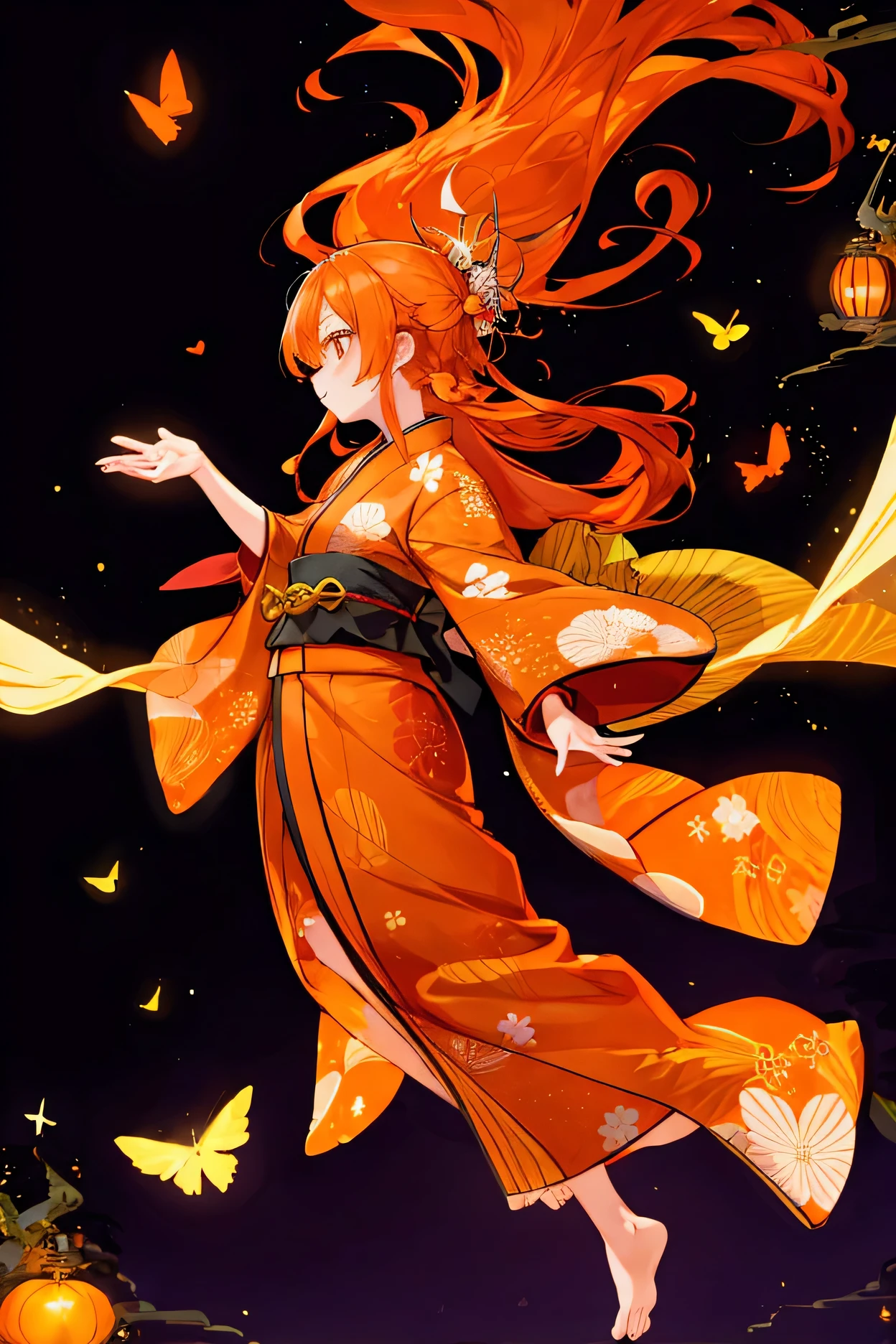  orange hair、adult、yukata、whole body、 long hair、 flying 