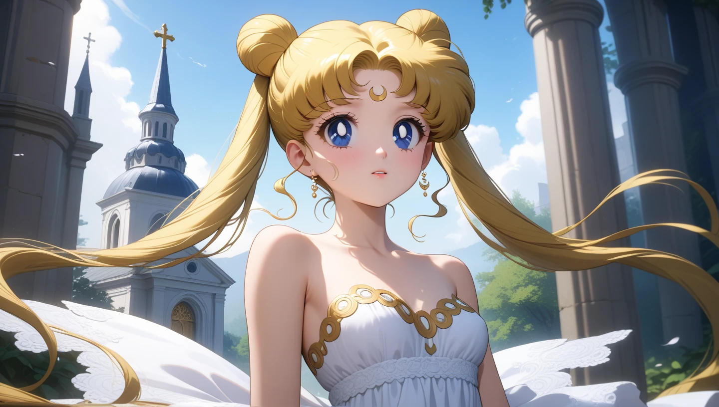 ((Upper body center)) (masterpiece, best quality, very aesthetic , ultra detailed), intriguing details , 4K, blonde hair, double bun, twintails, small breasts, blue eyes, 1girl, red nails, solo, Best quality, masterpiece, High Definition, church, detailed background, intricate details, day, white dress, lush shoulders, praying, Высокое разрешение