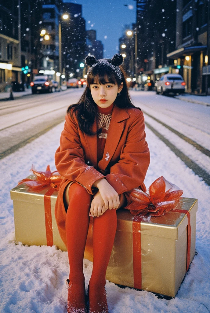 1 girl, (tired girl), christmas, (red stockings with stilettos), (sitting in the middle of snowy street), (a huge big christmas gift box), snowdrifts, (snow falling:1.2), colorful, (fashion style), (professional photoshoot), (full-hight scene view), real art, (masterpiece), (best quality), highres, korea girl, 8k, (realistic, photo-realistic:1.4), (korean idol:1.2), ((beauty 19 year old)), naturalness, ultra detailed, physically-based rendering, beauty, detailed beautiful eyes and detailed face, large breasts, delicate facial features, Blunt bangs, mixed American Korean actress, sexy Korean female idol-type face, natural and detailed Handsome beauty doll face, ((Peaceless beauty face: 1.2)), an expressionless face, 19yo, Glamor body type, flim grain, perfect dynamic composition, beautiful detailed eyes, asian girl, (big breasts:1.3), (long legs:1.5), FilmGirl, big breast, (best body proportions, best anatomy), (realistic, photo-realistic:1.3), high perspective, 