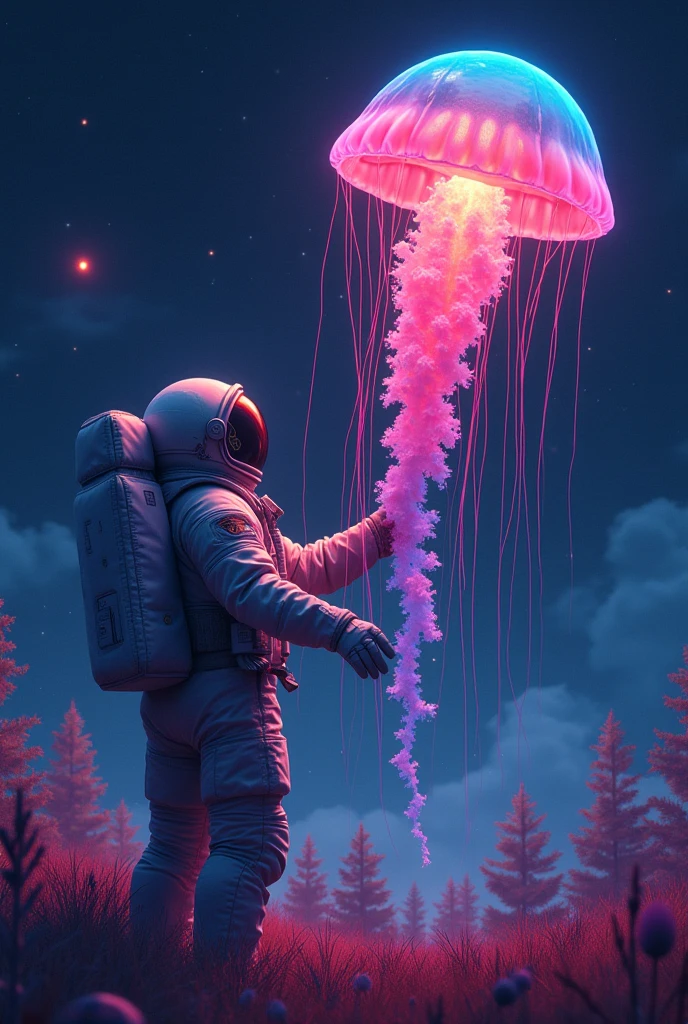  frame position , The frame position of an astronaut holding a colorful jellyfish in outer space , with a group of bao trees in the field by Pexel contest winner , Space Art, Space Jellyfish, The colors of the universe,  Amazing Space Creatures 4K , Space dust,  Space horror illustration , Cosmic quantum death .  deep space ,  4k hd illustrative wallpaper ,  blank space background , Unknown space , In space,  Dark Neon Colored Space ,Floating in space