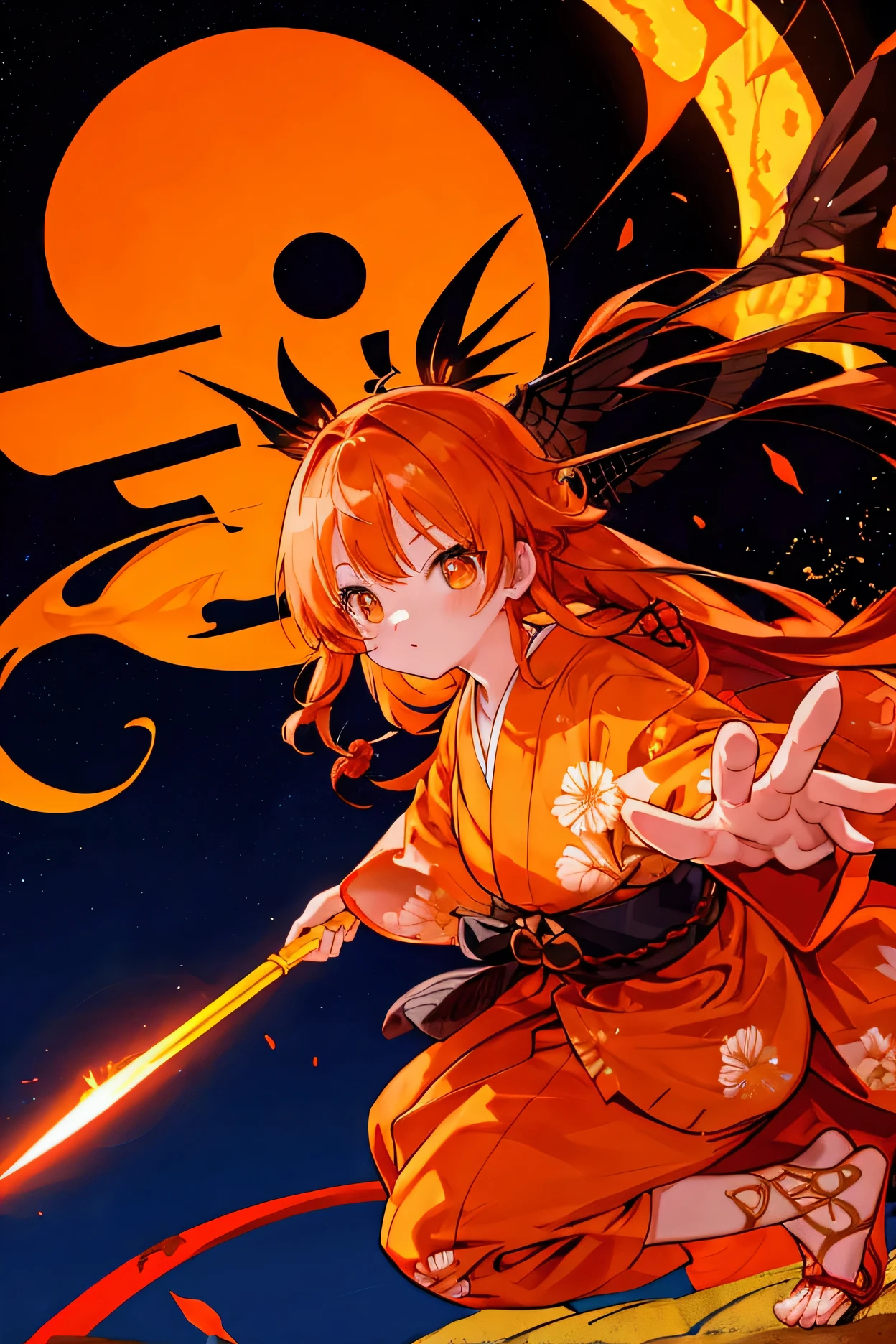  orange hair、adult、yukata、whole body、 long hair、 flying 