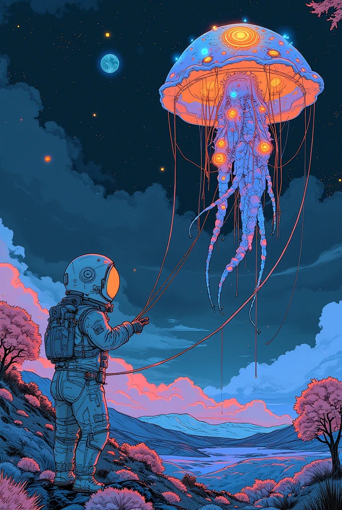  frame position , The frame position of an astronaut holding a colorful jellyfish in outer space , with a group of bao trees in the field by Pexel contest winner , Space Art, Space Jellyfish, The colors of the universe,  Amazing Space Creatures 4K , Space dust,  Space horror illustration , Cosmic quantum death .  deep space ,  4k hd illustrative wallpaper ,  blank space background , Unknown space , In space,  Dark Neon Colored Space ,Floating in space