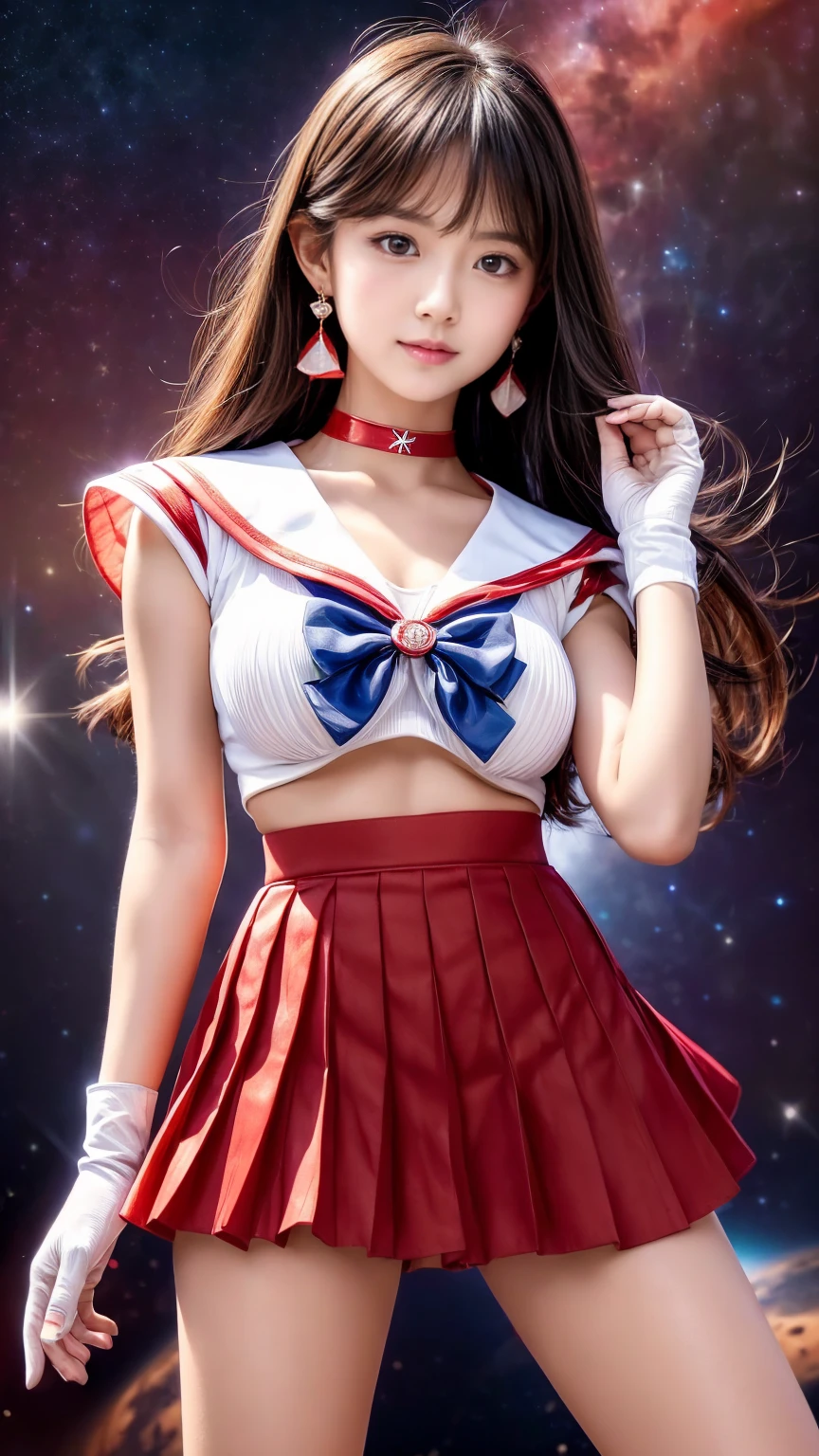 Product quality,  1 girl,  cowboy shot of a man,(Thigh Emphasis:1.4),(young and beautiful Japanese women ,  perfect anatomy),(well-proportion),(Sailor Warrior Uniform),(space background,universe,Mars, inflammation,red inflammation:1.4), Positive Little Smile  ,(red sailor collar  ),(  Red hair ribbon :1.3),Deep waistline,(Red Ultra Short Pleated Mini Skirt  :1.4),(  skirt flip:1.3),(  White Panties  :1.3),カップ付き earrings with cups,  tiara  ,   red choker  ,bow,White gloves,  JEWELRY, earrings with cups,  very beautiful face  ,Cute type,(Slightly round face),,Glossy lips,  beautiful big eyes  , gray eyes,  Double eyelids are visible ,(  natural makeup  ),  Shiny Smooth Black Long Hair,asymmetrical bangs,Floating Hair Nova Frog Style,【  imaging center  ,8k resolution,  attention to detail,Detailed hairstyle,Detailed face, movie lighting ,  octane rendering , God of Fire Super Real,perfect body,Beautiful legs,  my thighs are thick ,Big Breasts,  perfect anatomy,  Divide it diagonally 、feet ,(Sailor Warrior Pose  :1.3)