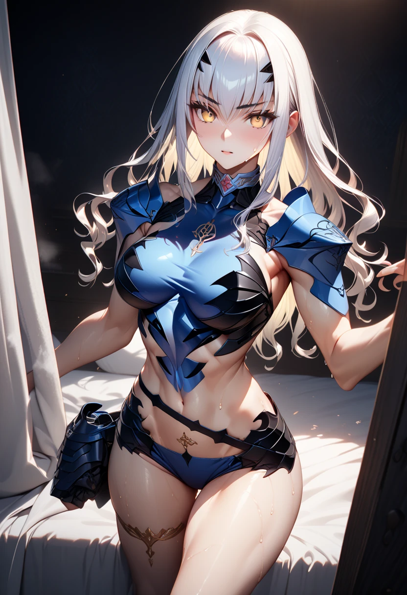 masterpiece,best quality,high resolution,8k,ultra HD,wallpaper,illustration,perfect face,cowboy shot,beautiful detailed eyes,extremely detailed face,perfect lighting,extremely detailed CG,perfect hands,perfect anatomy,perfect body,perfect hands,perfect fingers,1woman,full body,,muscle fighter body,silver long hair,blonde eyes,large breasts,Medium ass,,(blue ladies armor),,clothed,,collarbone,,looking at viewer, (),Steam,sweat,on the bed,(Fate Grand Order character Melusine),