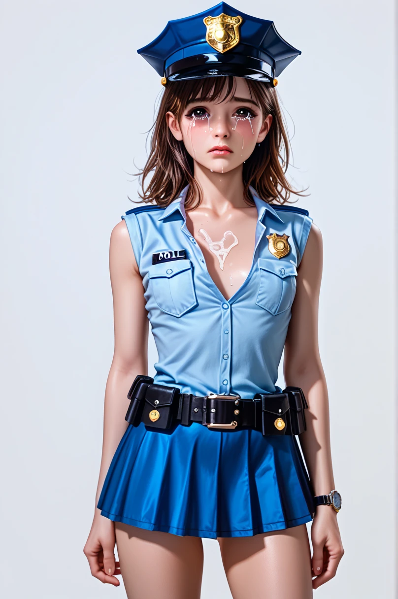  One girl ,Achika Lisa,( viewers:1.0),( slender body:1.2),(Blushed face:1.0),real skin ,small breasts,  shiny hair ,  Super Detailed Black Eyes,( Equipped Police Belt :1.5),( watch ),( frontal shot:1.2),24K,(Standing in a sexy pose:1.2),( Sexy Expression:1.2),( I have tears in my eyes:1.2),(mini length police skirt:1.2),(rolled up sleeveless police shirt ),Captivating thighs,( unmanned white background in the center of the screen:1.5),(Naturally :1.0),(( real:1.0)),(( realistic :1.0)),((Piece on chest :1.5)),(( cowboy shot:1.5))