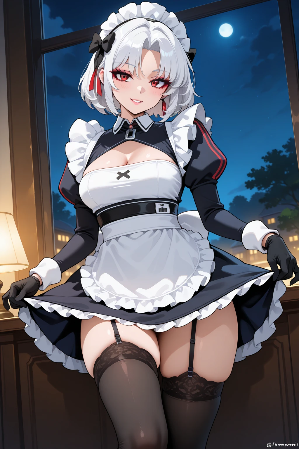 masterpiece, best quality, amazing quality, highres, absurdres, very aesthetic, high resolution, ultra detailed, perfect details, 1girl, indoors, (night:1.3), Medium breasts,drakemaid, short hair, white hair, red eyes, maid, maid headdress, hair bow, cleavage cutout, puffy sleeves, apron, black gloves, black thighhighs, garter straps,(aged up:1.2), looking at viewer,anime,gyaru, makeup, jewelry, lip,