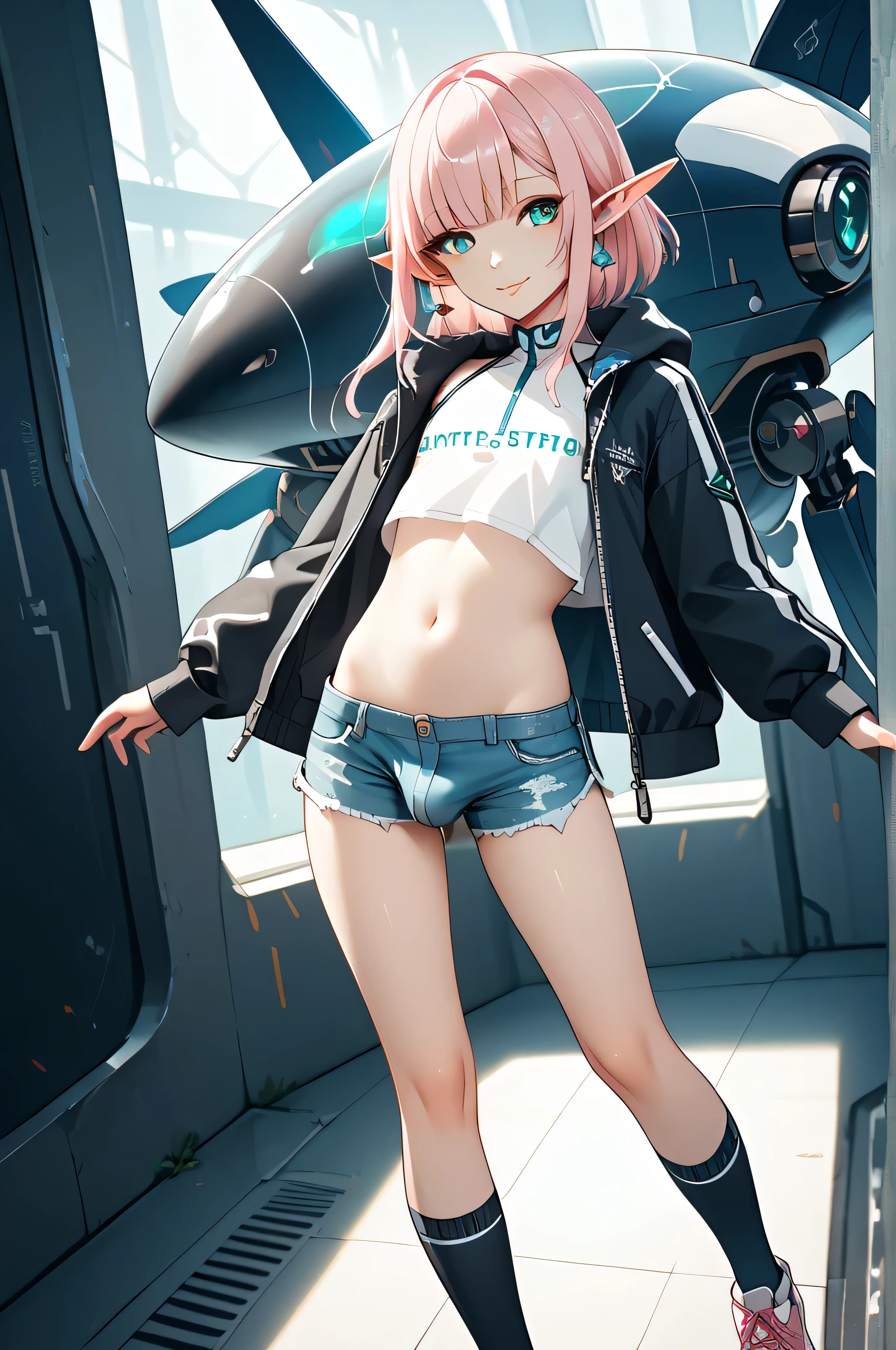 (((best quality))), (((masterpiece))), spacecraft_hangor(((a giant robot))), elf, 17years old, otoko no ko, femboy, girly,  pink_hair, straight_long_hair, turquoise_eyes, thin_lips, crossdressing, casual jacket, crop_top, focus navel, bulge, lowleg_shorts,thigh_high_socks, sneakers, cyberstyle wear, uncensored, fullbody, light smile, 