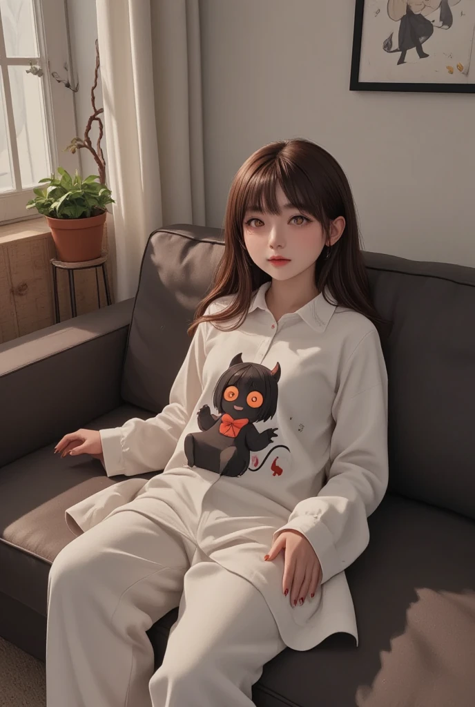 A woman dozing off on the sofa, a cute little demon sitting on her chest and waving with a smile, cute dream-like illustration art, ultra detailed, absolutely resolution, masterpiece