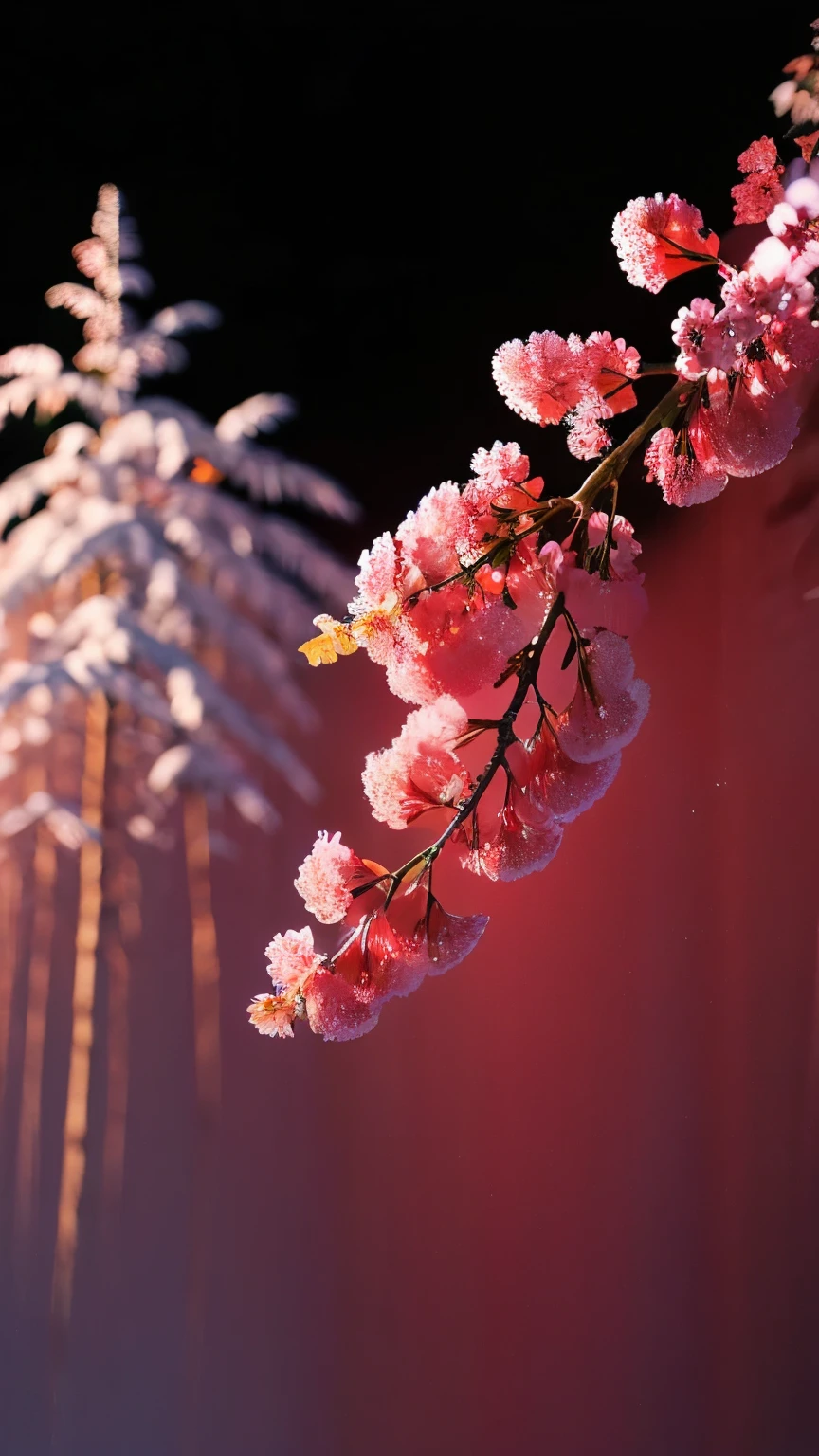 A branch with delicate pink blossoms covered in snowflakes at night, with the caption 'Snowflakes are winter's butterflies.