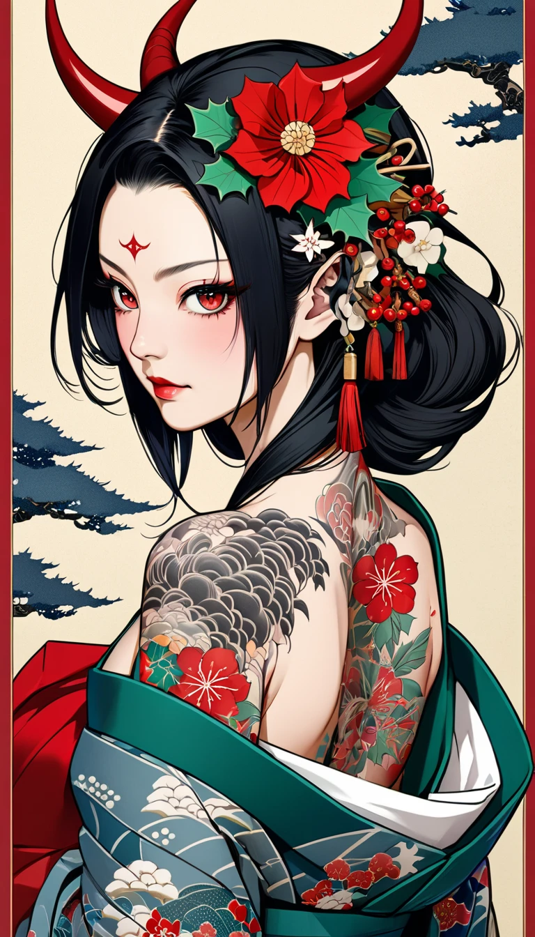 Christmas-style, Christmas pattern kimono,  flower and tassel hair ornament, Demon Horns,  kimono, Tattoos on the face, neck and chest, Tattoo on back,  Beautiful Woman in Return,  red eyes,  long black hair, traditional Japanese style tattoo, Traditional Ukiyo-e Composition, UHD, retina, masterpiece, accurate, anatomically correct, textured skin, super detail, highres, best quality, award winning, 16k