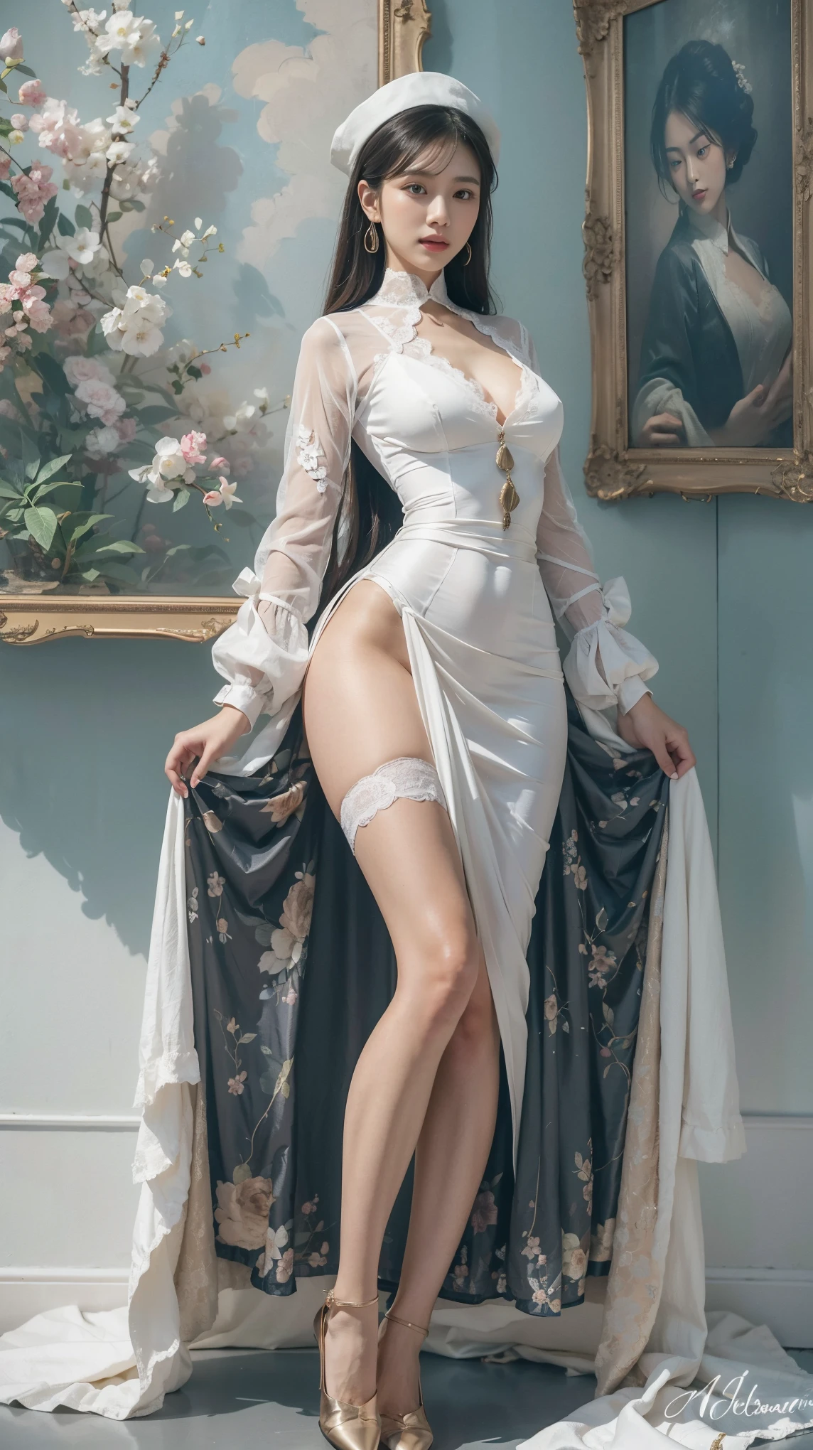 Photorealistic, High resolution, 1womanl, Solo, hips up high, view the viewer, (Detailed face), White hair, Long hair, maid clothes, Jewelry　（posterior view）