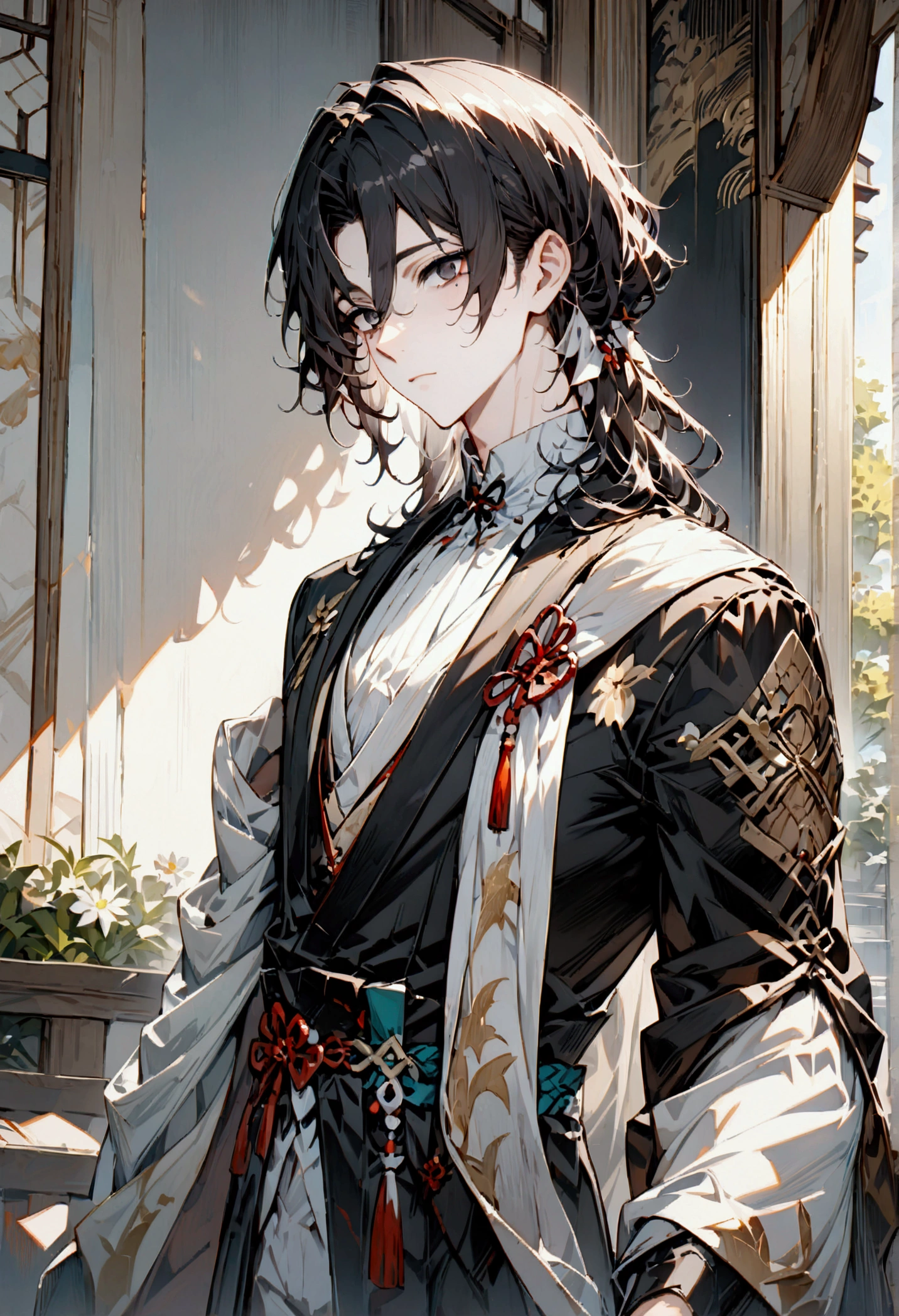 ((Best Quality)), (High Image Quality), ((Detailed Eye Description)), ((masterpiece)), ((Detailed:Face)), ((Handsome)), ((Detailed:eyes)), Solo,((perfect male body)), ((Detailed:Clothes)), ((Detailed:Hair)), (Black Hair), ((Hairstyle:Shadow perm)), formal clothing, (Detailed hair flow), (Beautiful Eyes), ((Refined Eyes)), High expression, ((deep black eyes)), short bangs, long hair flow, Black eyes, ((Spring atmosphere)), ((Shoulder Robing a Black Kimono)), ((Japanese)),