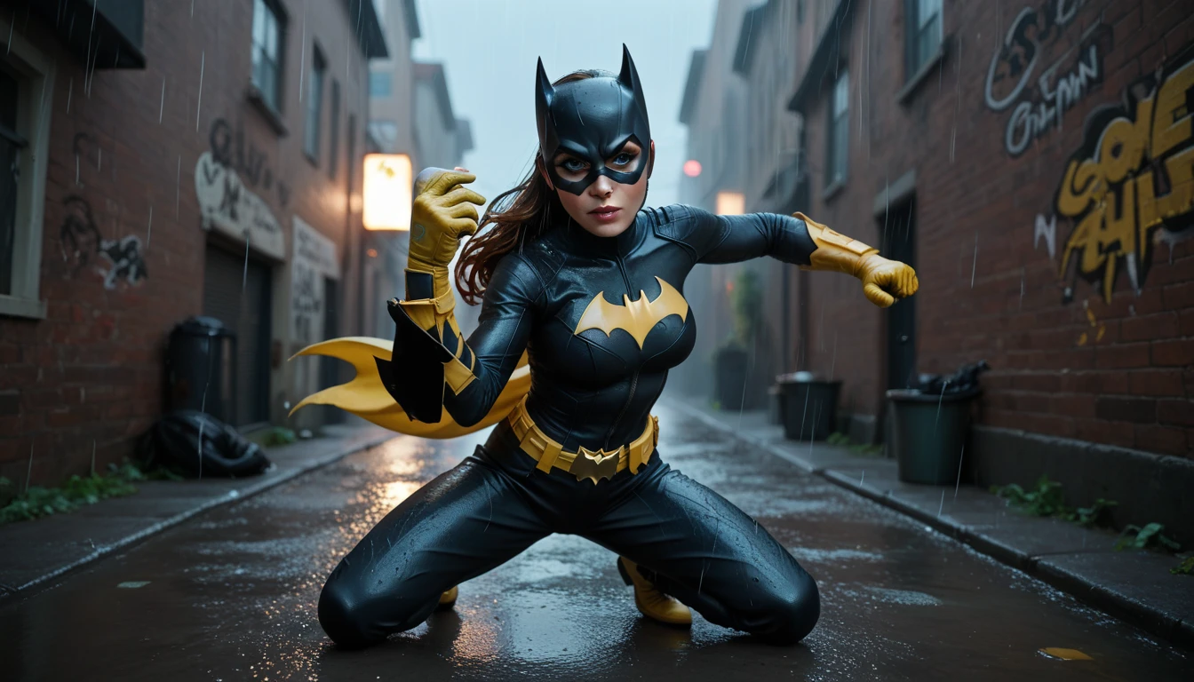 wide angle, 18+ Figures, Batgirl fighting three masked thugs in a dark alley, rain-soaked and intense. Her suit glistens from the rain, her hair damp and sticking to her face. She uses a glowing gadget in one hand and a martial arts pose in the other. The alley is dimly lit, with graffiti-covered walls and puddles reflecting the fight.
