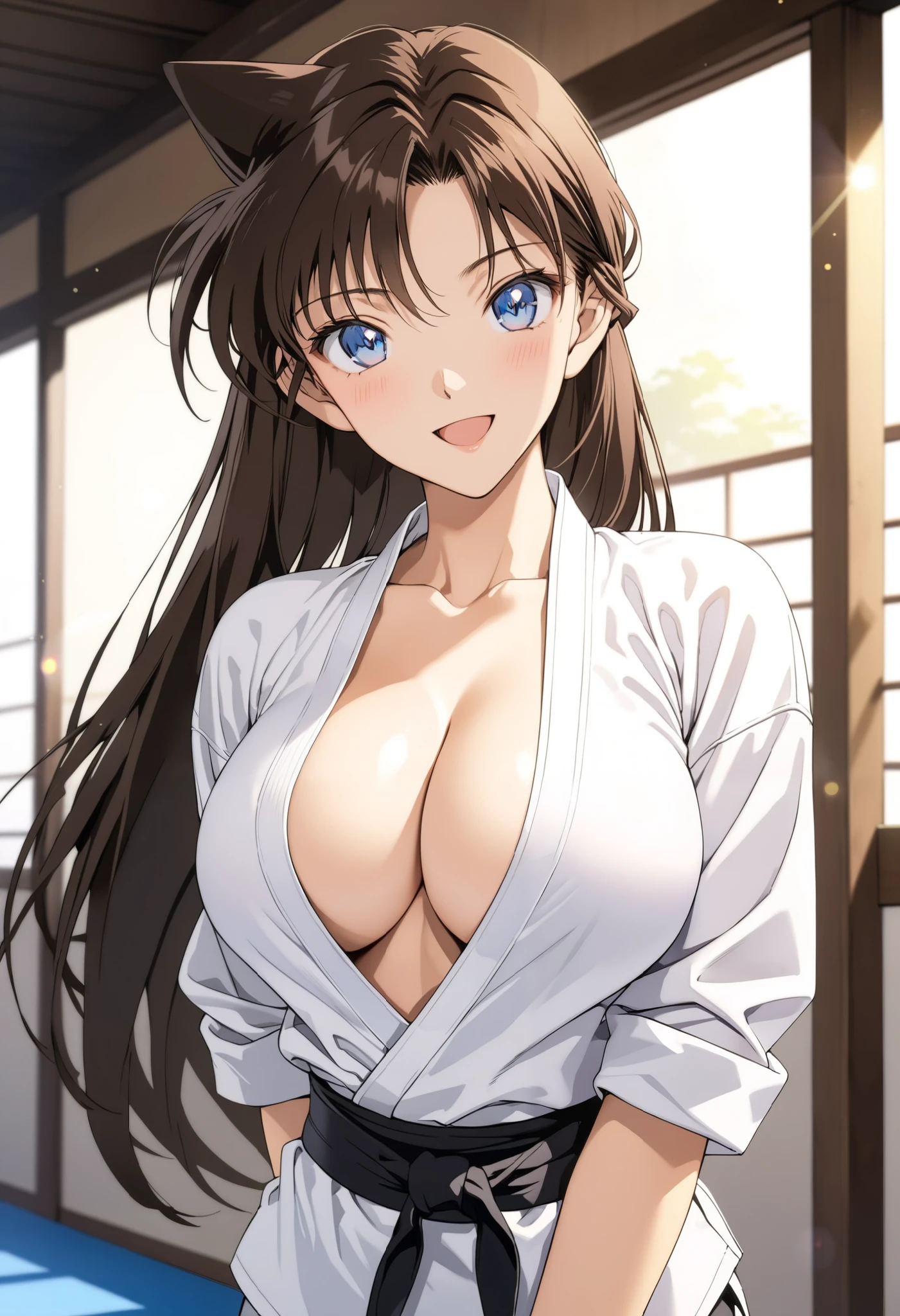 masterpiece, Best Quality, High resolution,16k,official art,super detailed skin,detailed,animated painting,Anime-style painting style, 1990s \(style\),(F cup beautiful breasts)、clevage,25years old, (tall:1.2),height: 175cm,Fashion model body type, mouri ran, 1girl, solo,brown hair, blue eyes, long hair, open mouth, breasts,medium breasts, lens flare,white karate uniform,(mouri ran:1.3),sexy, provocative smile ,blush,shy, looking at viewer,in the dojo,superfine, 