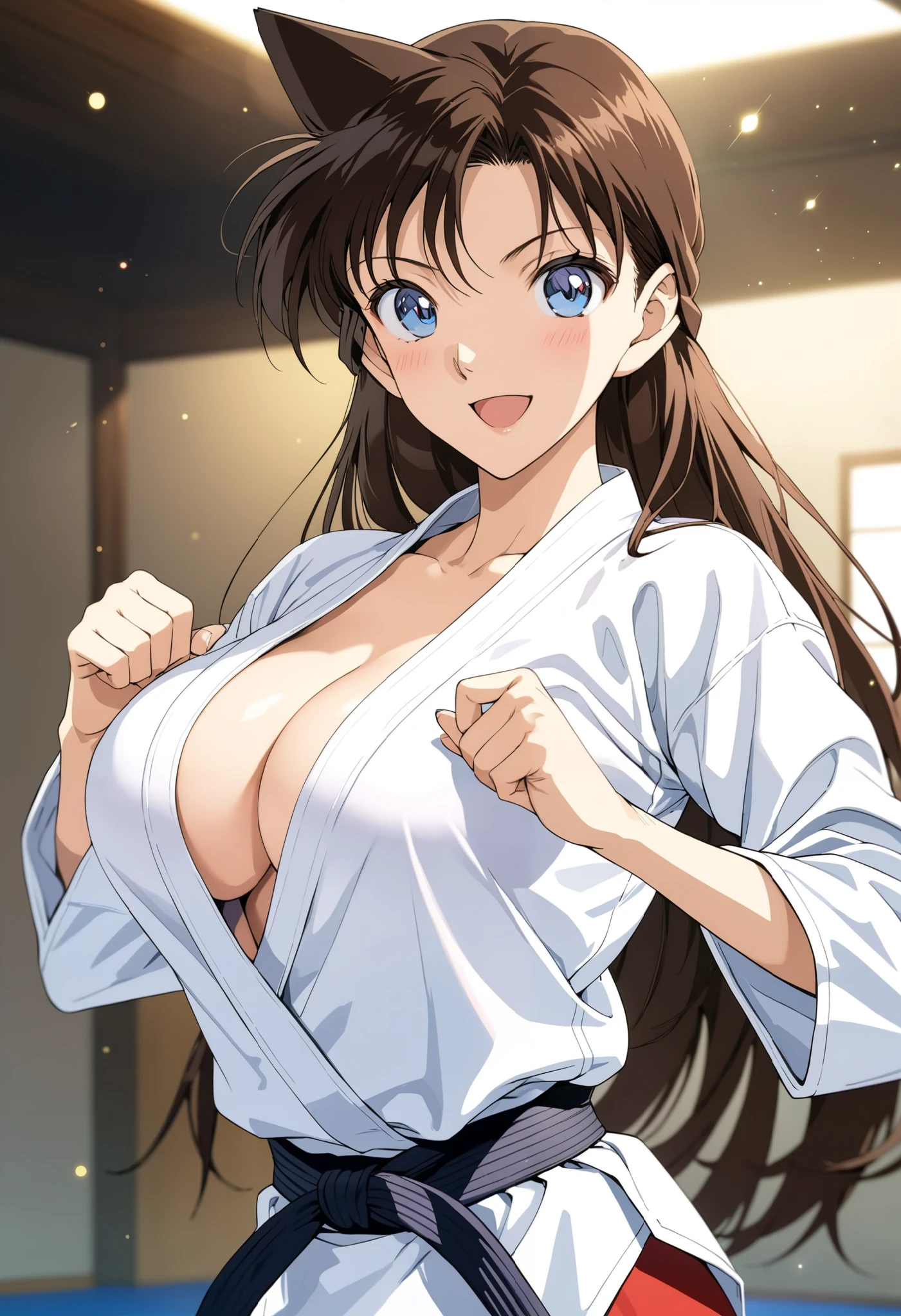 masterpiece, Best Quality, High resolution,16k,official art,super detailed skin,detailed,animated painting,Anime-style painting style, 1990s \(style\),(F cup beautiful breasts)、clevage,25years old, (tall:1.2),height: 175cm,Fashion model body type, mouri ran, 1girl, solo,brown hair, blue eyes, long hair, open mouth, breasts,medium breasts, lens flare,white karate uniform,(mouri ran:1.3),sexy, provocative smile ,blush,shy, looking at viewer,in the dojo,superfine, fighting pose