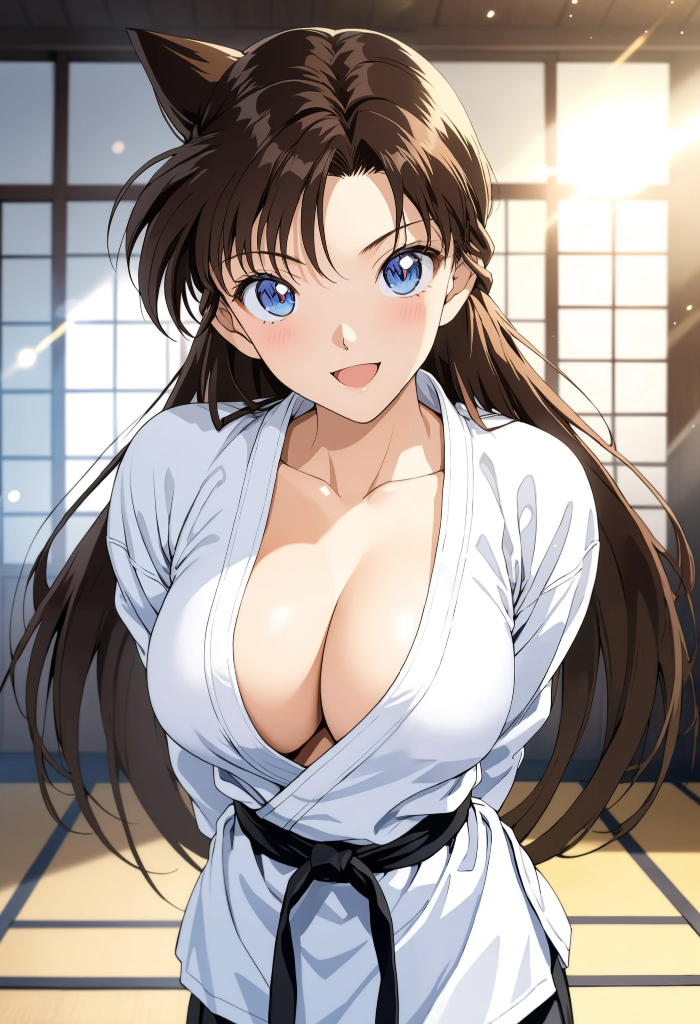 masterpiece, Best Quality, High resolution,16k,official art,super detailed skin,detailed,animated painting,Anime-style painting style, 1990s \(style\),(F cup beautiful breasts)、clevage,25years old, (tall:1.2),height: 175cm,Fashion model body type, mouri ran, 1girl, solo,brown hair, blue eyes, long hair, open mouth, breasts,medium breasts, lens flare,white karate uniform,(mouri ran:1.3),sexy, provocative smile ,blush,shy, looking at viewer,in the dojo,superfine, fighting pose