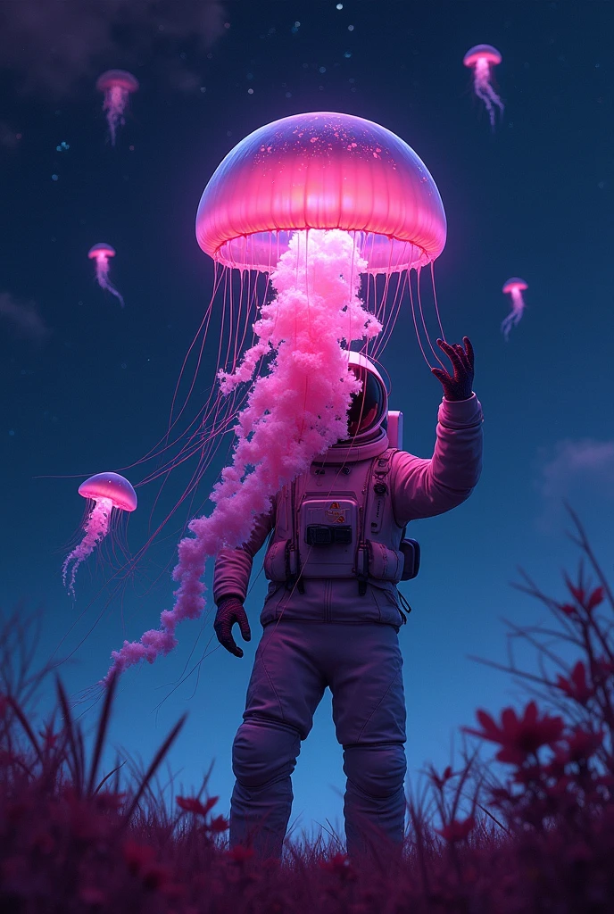  frame position , The frame position of an astronaut holding a colorful jellyfish in outer space , with a group of bao trees in the field by Pexel contest winner , Space Art, Space Jellyfish, The colors of the universe,  Amazing Space Creatures 4K , Space dust,  Space horror illustration , Cosmic quantum death .  deep space ,  4k hd illustrative wallpaper ,  blank space background , Unknown space , In space,  Dark Neon Colored Space ,Floating in space