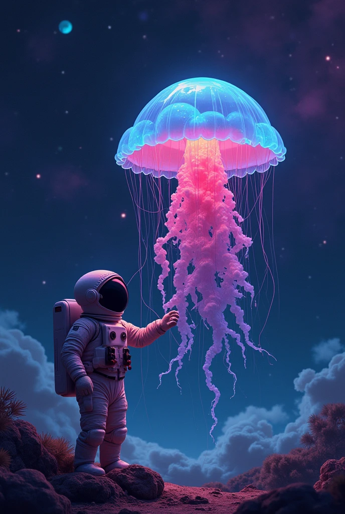  frame position , The frame position of an astronaut holding a colorful jellyfish in outer space , with a group of bao trees in the field by Pexel contest winner , Space Art, Space Jellyfish, The colors of the universe,  Amazing Space Creatures 4K , Space dust,  Space horror illustration , Cosmic quantum death .  deep space ,  4k hd illustrative wallpaper ,  blank space background , Unknown space , In space,  Dark Neon Colored Space ,Floating in space