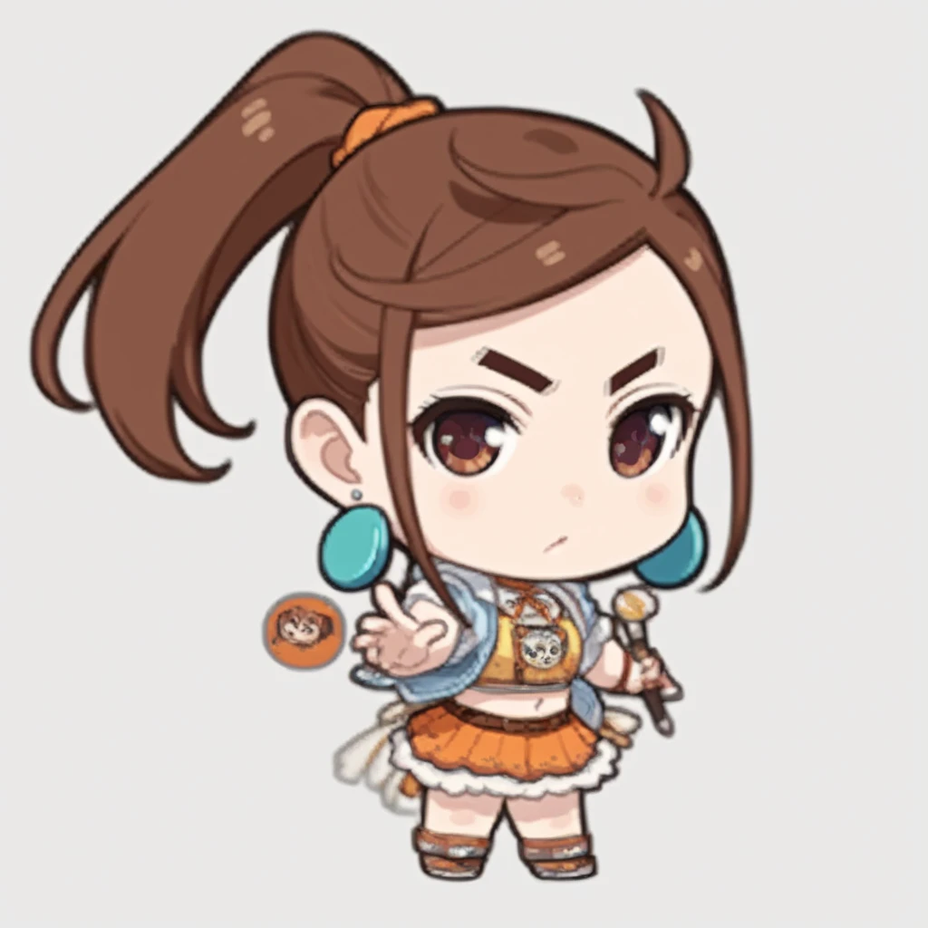 1girl, solo, chibi-dol, standing, full body, Smooth edges, sharpness,simple background, KJOmomo, brown hair, brown eyes, medium hair, parted bangs, thick eyebrows, earrings, ponytail,