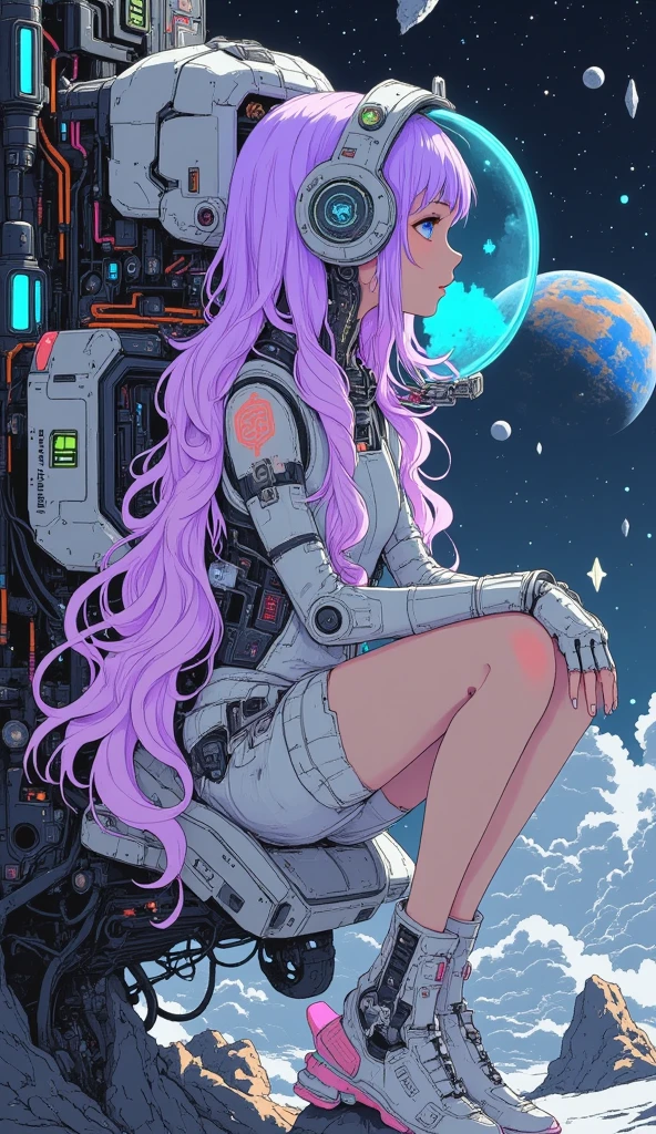  A beautiful young Korean woman .
lilac colored hair, bright, incandescent.
Olhos azuis incandescents, bioluminescentes. 
 Dressed in a highly technological space suit , glass helmet with neon lines .
 She is in a tower on the Moon looking at the Earth far away and a meteor heading towards Earth.
 full body.
32K, HDR, UHD. 