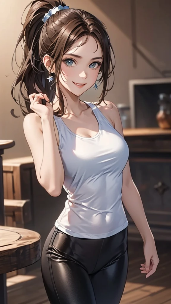 ( girl glamour shot :1.2),  viewers,  Best Photo Poses,  One girl , (Brown Hair:1.3), ( simple background), ( cowboy shot:1.5),  ponytail,  Smile ,  Saggy Breasts , Sharp jaw, ( white tank top ), ( Black Leggings )