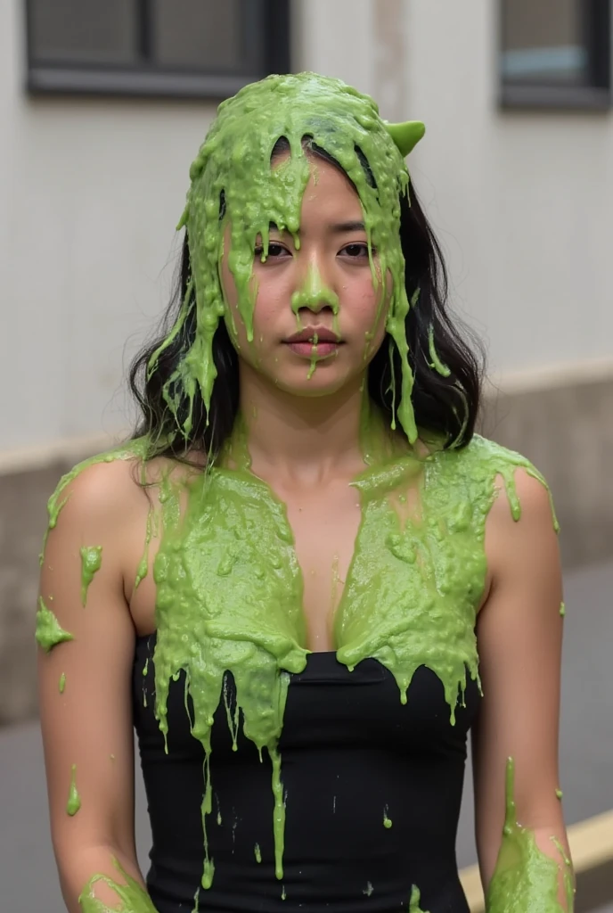 RAW Photo, DSLR, (kkw-ph1:0.9), half body portrait of a young 20yo woman, asian woman, black hair, wearing a white dress, detailed, professional colorgraded, slime, green liquid on hair, green liquid on chest