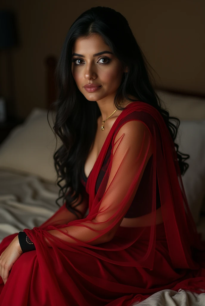 Full photo of 22 year hot beautiful girl , with silky black hair flowing in soft waves. She is sitting on bed, porcelain-like skin glowing in the dimly lit room. Wearing a red  saree and blouse  very huge breast , that hugs her curves, she is in bed room, gazing directly into the camera lens. The low-key lighting accentuates her features, while the ultra-high definition captures every detail of her face and body. Shot from a high angle, this RAW image is a masterclass in realistic photography,  full photo, huge breast 