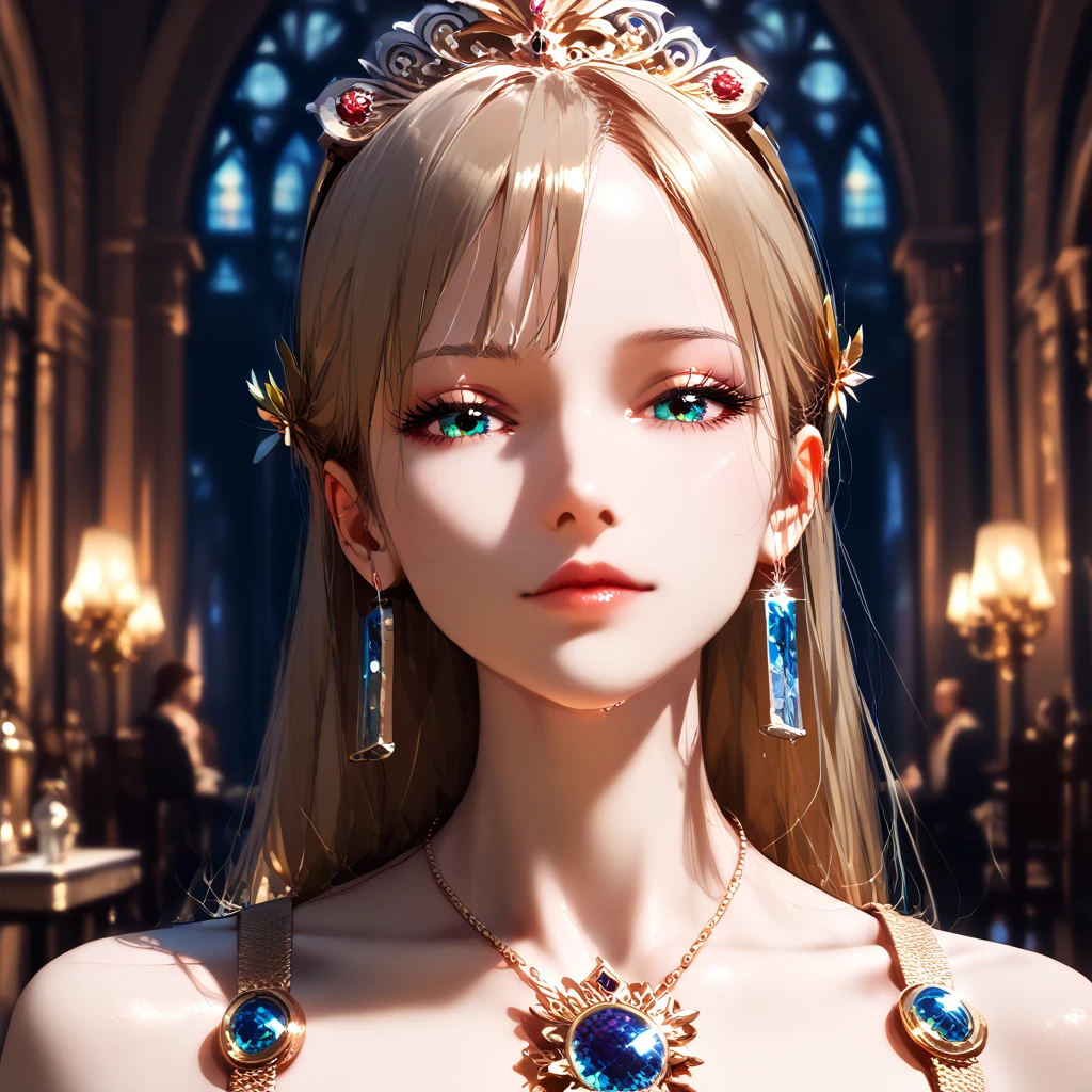 ultra detailed 8k cg, intricate detail, delicate patern,  jewelry, gem, gold, golden, gold theme, shiny, glint, sparkle, blonde hair, yellow cloak, yellow eyes, rich, prestige, gothic architecture,