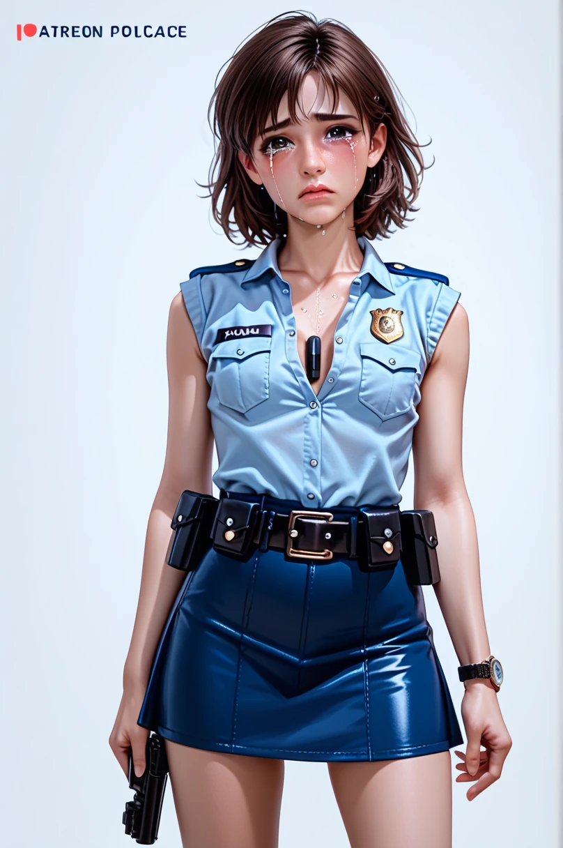  One girl ,Achika Lisa,( viewers:1.0),( slender body:1.2),(Blushed face:1.3),real skin ,small breasts,  shiny hair ,  Super Detailed Black Eyes,( Equipped Police Belt :1.5),( watch ),( frontal shot:1.2),24K,(Standing in a sexy pose:1.2),( Sexy Expression:1.2),( I have tears in my eyes:1.2),( crying :1.5),(mini length police skirt:1.2),(rolled up sleeveless police shirt ),Captivating thighs,( unmanned white background in the center of the screen:1.5),(Naturally :1.0),(( real:1.0)),(( realistic :1.0)),((Piece on chest :1.5)),(( cowboy shot:1.5))