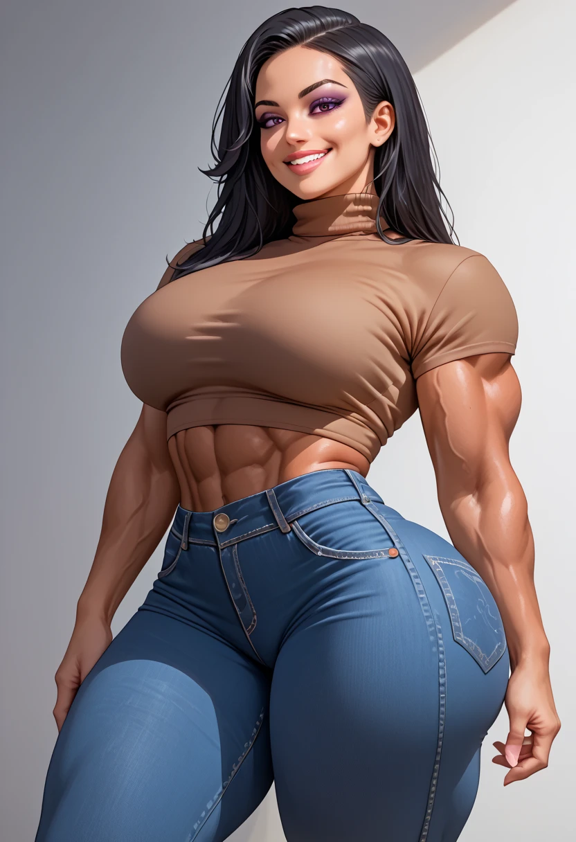unparalleled masterpiece, ultra realistic 8k CG, perfect artwork, (1girl:1.1) , solo, ((perfect female figure)), (nsfw), looking at viewer, mature female, bimbo (android 18) standing, (teasing), best quality:1.1 , seductive posture, sexy pose, alluring, (beautiful), (curvy), (thick), blonde hair, (blue eyes:1.2), short hair, earrings, jewelry, denim vest, open vest, black pantyhose, black shirt, denim skirt, striped long sleeves, blue skirt, toned legs, fit, (abs:1.1), (big butt:1.4), peach ass, (athletic body:1.2), (large breasts:1.3, (big_breasts:1.1), wide_hips:1.5, narrow waist, small waist:1.5, slender body:1.2, thick thighs:1.3), (shiny skin:1.2), (hdr), (street:1.2), Nikon D850 film stock photograph Kodak Portra 400 camera f1.6 lens, rich colors, lifelike texture, dramatic lighting, unreal engine, trending on ArtStation, by Gerald Brom, by Frank Frazetta, by Luis Royo, by Julie Bell, by Boris Vallejo