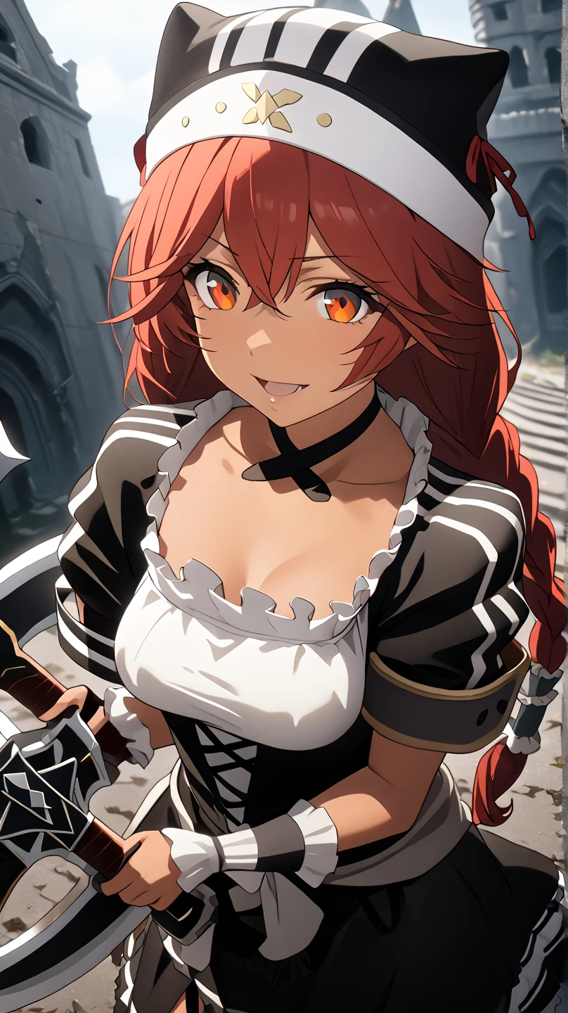  8K ultra HD,  High Quality ,  film grain,  FUJIFILM XT3、最 High Quality , masterpiece,  high res, anime picture ,2D,Detailed faces
red eyes,  red hair,  braids,,  wearing a black beast ear hat, big weapon( battle axe carrying)A weapon like a , One girl , solo, Dark Skin, brown skin, adult woman, Beautiful Women,Beauty, sadist,Model body type
nights,Abandoned castle
,  black maid clothes, short sleeve/gauntlet,  white knee-high ,  choker , black long skirt, close-up, look, Medium build,accurate,  High Details,  retina,,  won numerous awards,  high angle,  slightly larger breasts, angle from directly above, on all fours,Place both hands on the ground,garter belt under a long skirt
Open your mouth slightly,  seductive smile, upper body only,clavicle