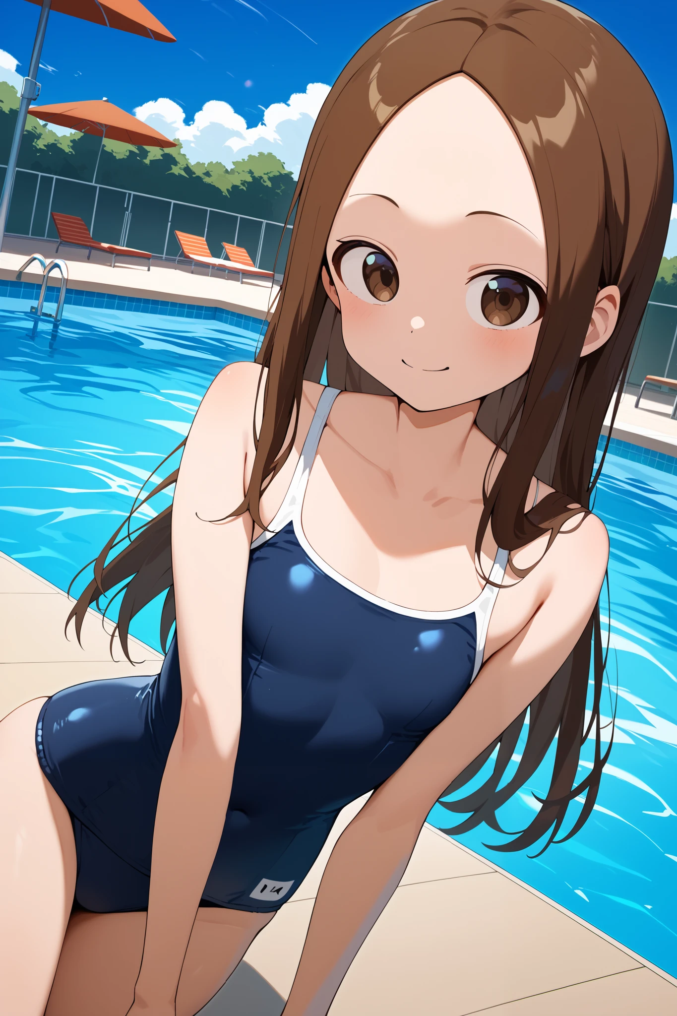 NSFW,masterpiece, top quality , high res, very detailed,Takagi\(からかい上手のTakagi\), long hair、Brown Hair、 split bangs,Forehead、clavicle, school swimsuit,Pool
