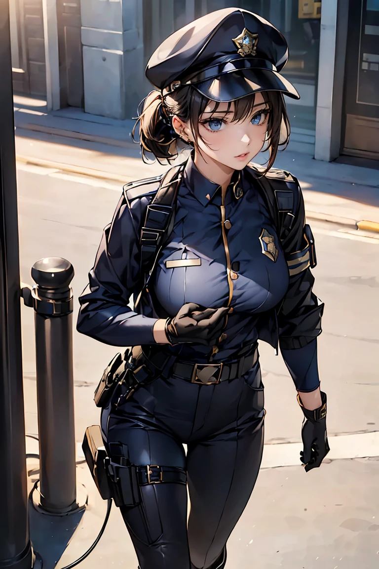 ((masterpiece), ((Highest quality)), (masterpiece,Highest quality,Official Art,Highly detailed CG Unity 8k wallpaper)、"A female police officer from the near future wears a highly functional uniform.。Wearing a dark blue or black tight-fitting jacket、Reflective lines and metallic accents、Built-in protective padding on shoulders and elbows。Badge and ID holder on left chest。Underneath, he wears a moisture-wicking grey or blue shirt.、Contrasting stripes on collar and cuffs。The pants are tight-fitting straight pants made from the same high-performance material as the jacket.、Built-in protective pads on knees and thighs。Wearing a sturdy black belt、Multiple pouches and holsters are attached.、Stores power tools and communication equipment。On her feet, she wears mid-cut black boots that provide good ankle support.。The cap also matches the uniform.、Reflective lines and metallic badges。As an accessory、Impact resistant gloves、Bulletproof glass goggles with night vision function、It also comes with a headset with an integrated earpiece and microphone.。"