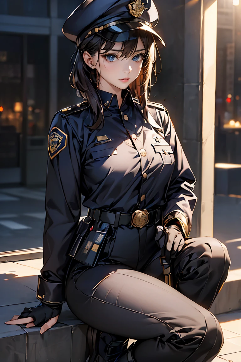 ((masterpiece), ((Highest quality)), (masterpiece,Highest quality,Official Art,Highly detailed CG Unity 8k wallpaper)、"A female police officer from the near future wears a highly functional uniform.。Wearing a dark blue or black tight-fitting jacket、Reflective lines and metallic accents、Built-in protective padding on shoulders and elbows。Badge and ID holder on left chest。Underneath, he wears a moisture-wicking grey or blue shirt.、Contrasting stripes on collar and cuffs。The pants are tight-fitting straight pants made from the same high-performance material as the jacket.、Built-in protective pads on knees and thighs。Wearing a sturdy black belt、Multiple pouches and holsters are attached.、Stores power tools and communication equipment。On her feet, she wears mid-cut black boots that provide good ankle support.。The cap also matches the uniform.、Reflective lines and metallic badges。As an accessory、Impact resistant gloves、Bulletproof glass goggles with night vision function、It also comes with a headset with an integrated earpiece and microphone.。"