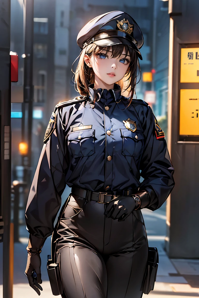 ((masterpiece), ((Highest quality)), (masterpiece,Highest quality,Official Art,Highly detailed CG Unity 8k wallpaper)、"A female police officer from the near future wears a highly functional uniform.。Wearing a dark blue or black tight-fitting jacket、Reflective lines and metallic accents、Built-in protective padding on shoulders and elbows。Badge and ID holder on left chest。Underneath, he wears a moisture-wicking grey or blue shirt.、Contrasting stripes on collar and cuffs。The pants are tight-fitting straight pants made from the same high-performance material as the jacket.、Built-in protective pads on knees and thighs。Wearing a sturdy black belt、Multiple pouches and holsters are attached.、Stores power tools and communication equipment。On her feet, she wears mid-cut black boots that provide good ankle support.。The cap also matches the uniform.、Reflective lines and metallic badges。As an accessory、Impact resistant gloves、Bulletproof glass goggles with night vision function、It also comes with a headset with an integrated earpiece and microphone.。"