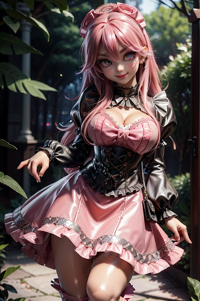 4k, twin tails ,Lens flare, pink hair ,mascara, eyeliner, god rays, 4k, 8k, best quality, masterpiece, hyper detailed, intricate detail, 1girl, solo, detailed, Detailed fuschia hair ++, detailed pink eyes ++,  raytracing, perfect shadow, highres, enhanced eyes,  huge breasts, horns, seductive,  hyper detailed, Bustier: A black satin bustier with intricate lace overlay, featuring structured boning and velvet trim.

Skirt: A layered ruffled skirt with lace and tulle, creating volume and drama.

Footwear: Lace-up ankle boots with chunky heels and a dark floral pattern etched into the leather.

Accessories:

Choker: A wide lace choker with a cameo pendant featuring a portrait in a silver frame.
Earrings: Silver drop earrings with black crystal teardrops and ornate filigree designs.
Bracelets: A set of black lace wrist cuffs adorned with silver chains and dark gemstones.
Parasol: A lace-trimmed parasol with a dark pattern and a silver handle.
Hair: A half-up, half-down hairstyle with intricate braids, adorned with small black roses and ribbons.

Makeup: Pale complexion with dark and smoky makeup, including a winged eyeliner, dark eyeshadows, and a deep plum lip.