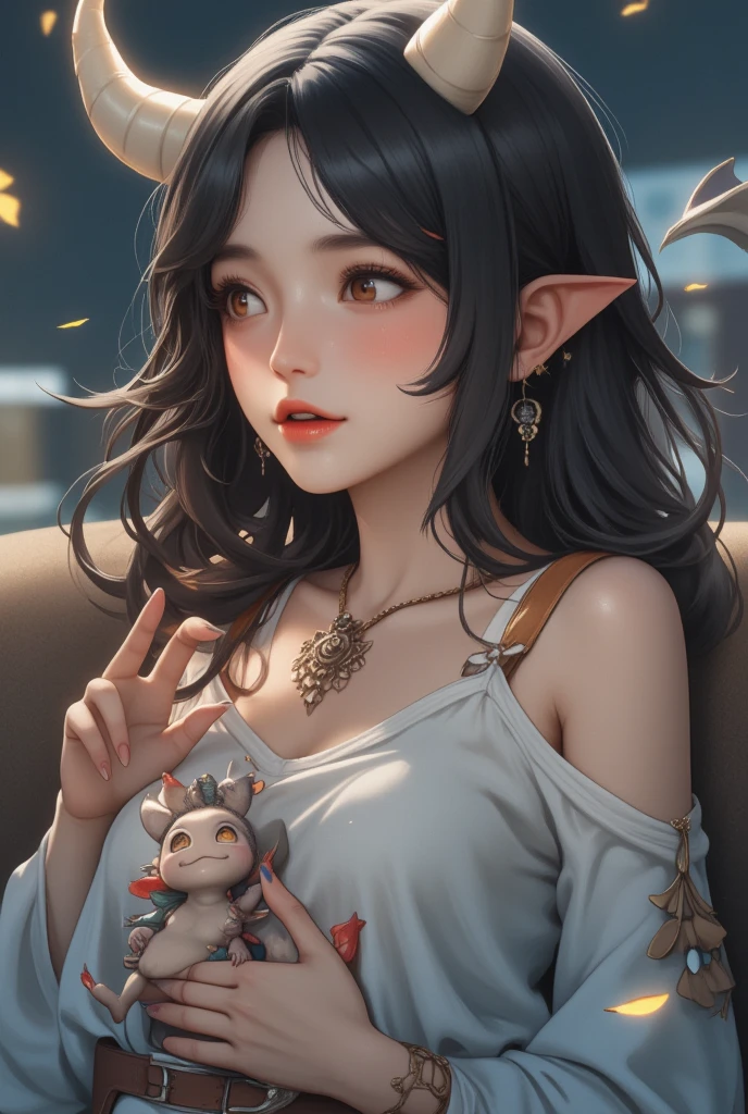 A woman dozing off on the sofa, a cute little demon sitting on her chest and waving with a smile, cute dream-like illustration art, ultra detailed, absolutely resolution, masterpiece