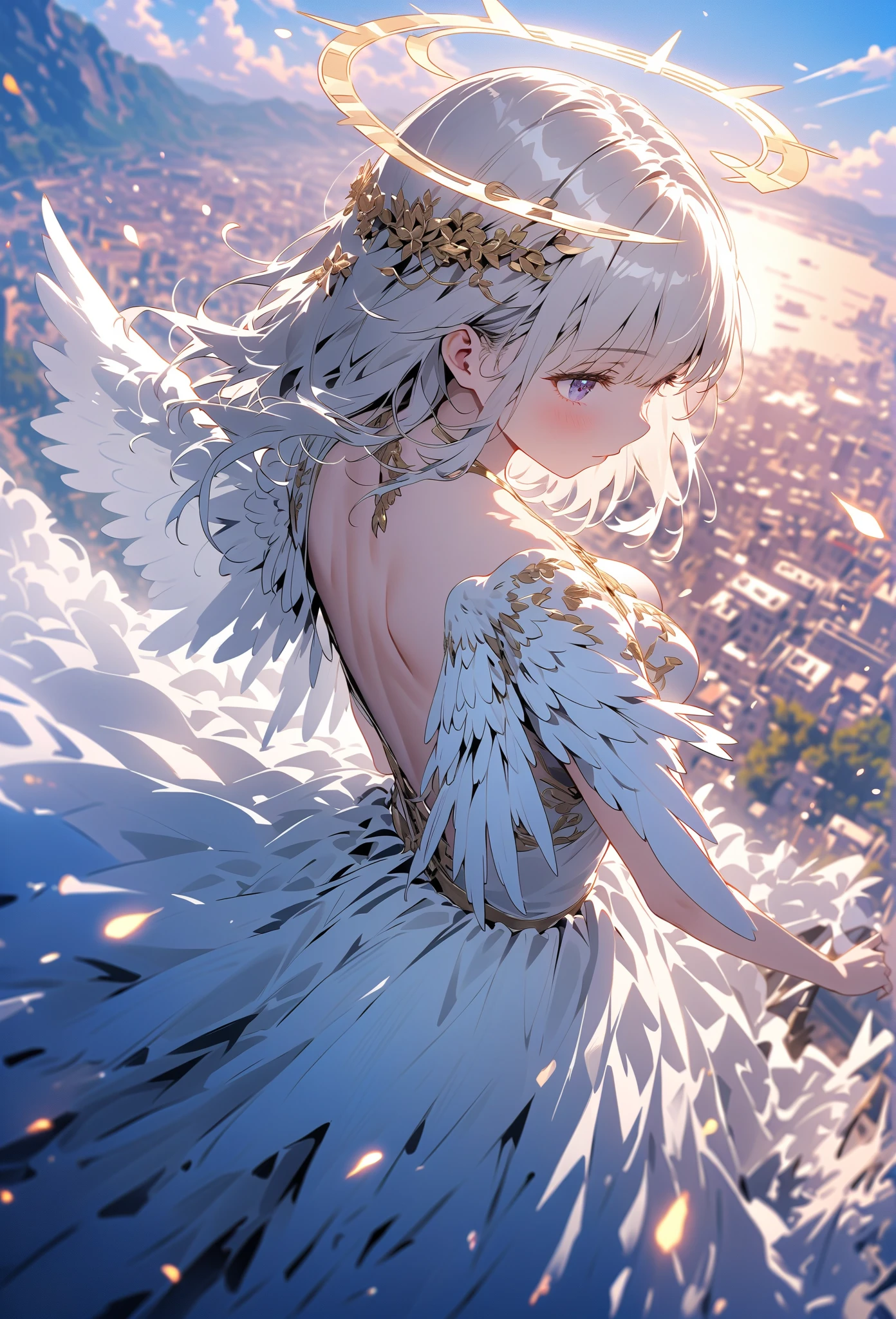 1girl\((from back:1.5),very beautiful,angel,long platinum hair, wide-backed white dress,(big beautiful angel wing at chest),very beautiful shiny halo\((blur:1.3)\), spreading arms wide,  gently seeking salvation, at above the clouds, looking down on the world below\), a fierce war\((so many sparks and fires), missles, battle plane, many buildings collapsing, nature being destroyed, a magnificent andspectacular scenery\) is taking place below the clouds, BREAK ,quality\(8k,wallpaper of extremely detailed CG unit, ​masterpiece,hight resolution,top-quality,top-quality real texture skin,hyper realisitic,increase the resolution,RAW photos,best qualtiy,highly detailed,the wallpaper,cinematic lighting,ray trace,golden ratio\),[nsfw],dynamic angle,[nsfw],from above