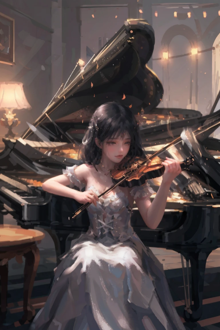 Create a warm and inviting scene featuring two musicians: a young woman playing a grand piano and a young man playing a violin beside her. The piano should have a polished black finish, and the room should be softly lit, creating a cozy atmosphere. The woman is deeply focused on the keys, while the man is passionately playing the violin. Include musical notes floating around them to enhance the feeling of harmony and creativity."