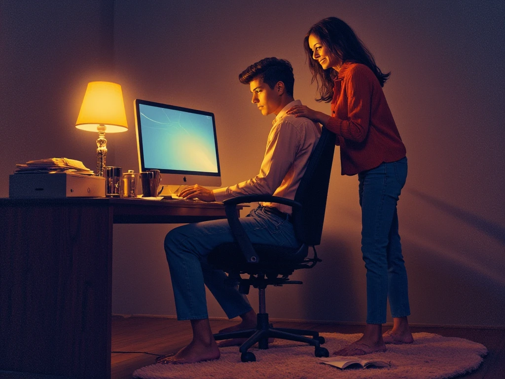 A romantic and intimate illustration of a man sitting on an ergonomic office chair, focused on his computer screen as he works late into the evening. His wife stands behind him, gently massaging his shoulders with a caring smile, her touch visibly relaxing him. The warm glow of the desk lamp highlights their expressions, creating a cozy and serene atmosphere. Add details like a cluttered desk with coffee mugs, papers, and a soft rug under the chair, emphasizing the comfort and love in this everyday moment of support and connection.