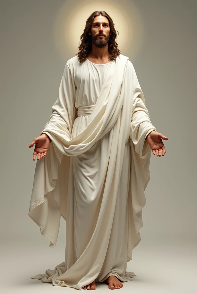 Full-length portrait of Jesus Christ standing, barefoot, face of Jesus from the front, merciful, beautiful and serene impressive realistic, Jesus of Nazareth, White tunic, right hand raised in a blessing position and the left on his chest
