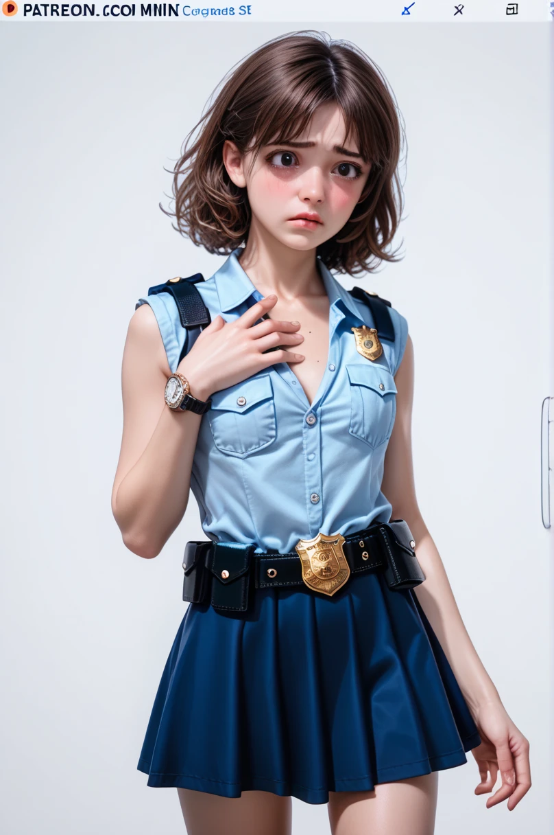  One girl ,Achika Lisa,( viewers:1.0),( slender body:1.2),(Blushed face:1.0),real skin ,small breasts,  shiny hair ,  Super Detailed Black Eyes,( Equipped Police Belt :1.5),( watch ),( frontal shot:1.2),24K,(Standing in a sexy pose:1.2),( Embarrassing :1.2),(Surprised:0.5),(mini length police skirt:1.2),(rolled up sleeveless police shirt ),Captivating thighs,( unmanned white background in the center of the screen:1.5),(Naturally :1.0),(( real:1.0)),(( realistic :1.0)),((Piece on chest :1.5)),(( cowboy shot:1.5))