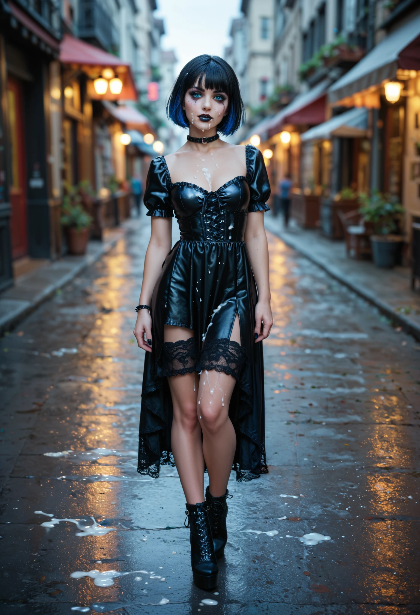 gothic,  full body image , new,  detailed and beautiful face ,  Blue Eyes,  short black hair . Face and body covered in cum,   Blurry Makeup.