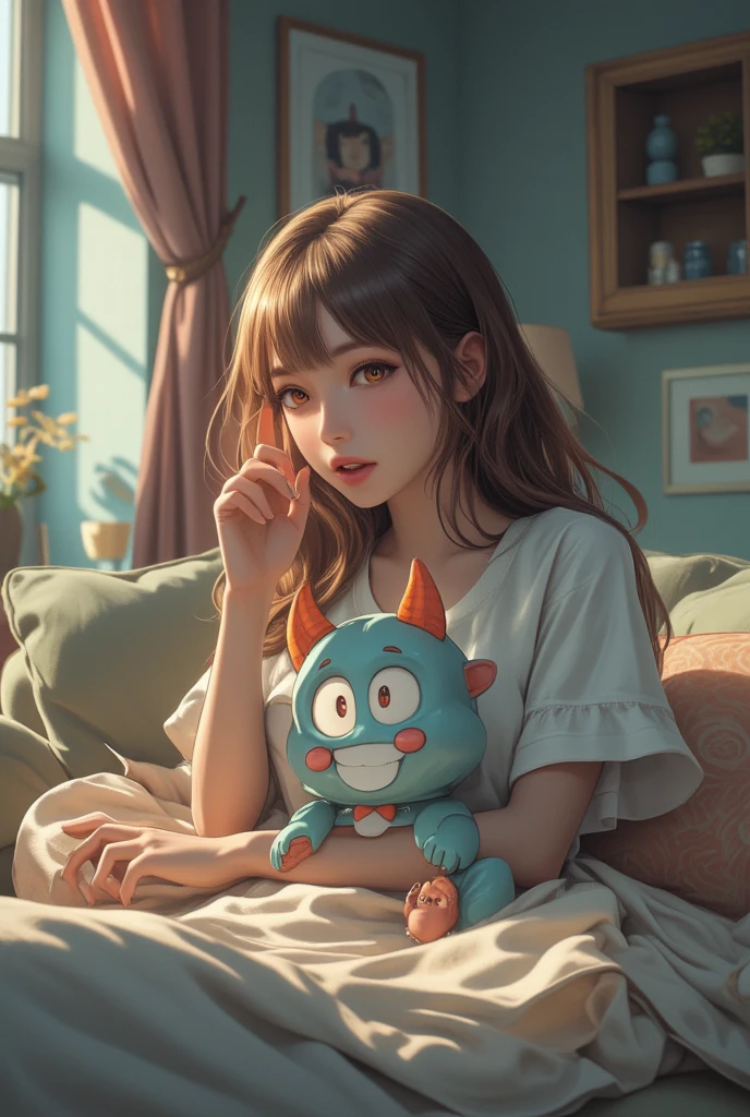 A woman dozing off on the sofa, a cute little demon sitting on her chest and waving with a smile, cute dream-like illustration art, ultra detailed, absolutely resolution, masterpiece