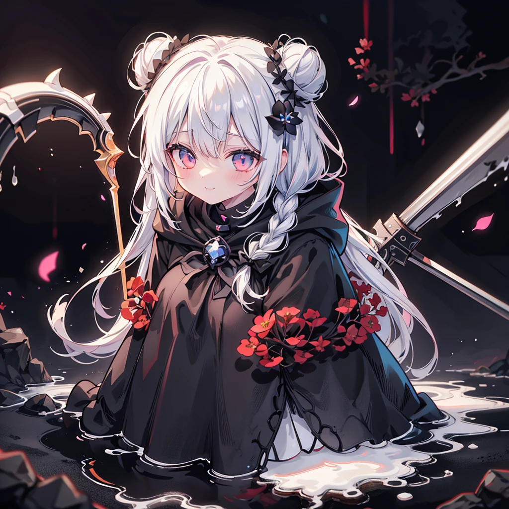 Alone,1 Female\(grim Reaper,cute,Cute,, hair color is white ,  hair with braids, Messy Hair ,Eye color is dark, big eyes, white skin, big smile,enjoy, full body ,grim Reaperの黒いローブを着て,( black hood ), has a scythe,skip, flower hair ornament with bun head ,White Hair,(Body transparent:0.8)\),background\((Black Sky:1.5),Skull on the ground , dead flowers scattered on the ground ,red water\), break ,quality\(8k,極めて詳細なCGユニットのwallpaper, ​masterpiece, high res,top-quality,top-quality real texture skin, surrealistic, increase resolution , RAW photo,最高のquality, very detailed,wallpaper\)、Neon Outline、 neon color、