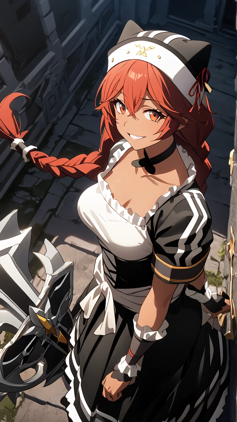  8K ultra HD,  High Quality ,  film grain,  FUJIFILM XT3、最 High Quality , masterpiece,  high res, anime picture ,2D,Detailed faces
red eyes,  red hair,  braids,,  wearing a black beast ear hat, big weapon( battle axe carrying)A weapon like a , One girl , solo, Dark Skin, brown skin, adult woman, Beautiful Women,Beauty, sadist,Model body type
nights,Abandoned castle
,  black maid clothes, short sleeve/gauntlet,  white knee-high ,  choker , black long skirt, close-up, look, Medium build,accurate,  High Details,  retina,,  won numerous awards,  high angle,  slightly larger breasts, angle from directly above, on all fours,Hands behind your back,Place your hands behind your back,garter belt under a long skirt
Open your mouth slightly,  seductive smile, upper body only,clavicle