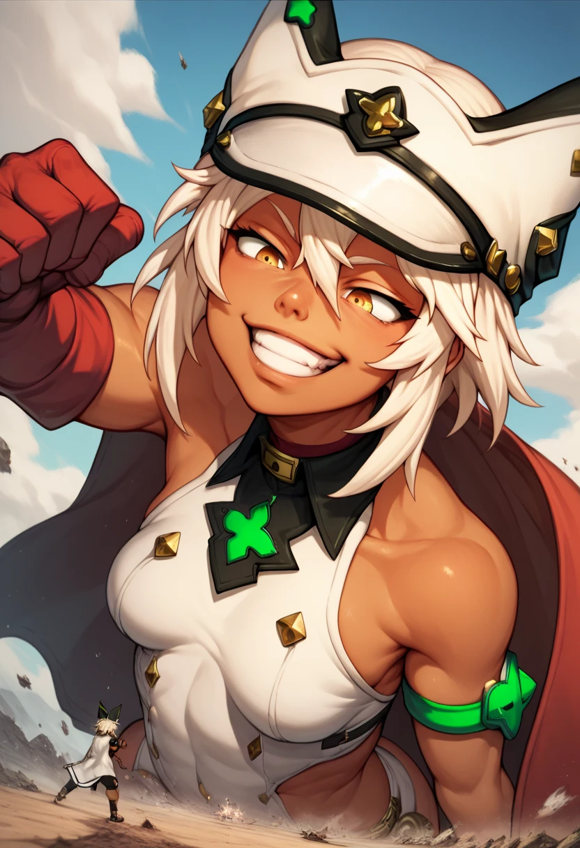 2 giantesses fight, Ramlethal, Elphelt, 100 meters tall, no cape, smug face, enjoy, domination, big size, loom, menacing, tanned skin, huge