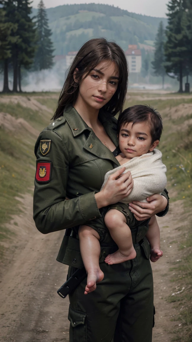 (masterpiece), best quality, HD, 8K, perfect face, brown hair, German Girl, Yoru, east German military uniform, evil smile, piercing red eyes, ringed eyes, open trench jacket ,large breast, military warden, stasi, scars, military holster, fullbody shot, pants, scars, ((((holding carrying an boy baby)))), Yoru