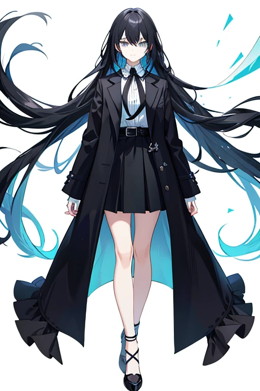 Game Art　 anime style　woman　 cool 　cute　 beautiful　 shows the whole body　 project from head to toe
Ultra detailed 　 top quality 　masterpiece　 cool　Height: 170cm　
 attire
I'm wearing a black and light blue long coat over a white shirt with black slacks and long sleeves　The long coat has a collar 　 her collar is standing up 　 high neck　 asymmetry　button　　belt　 simple design

hairstyles
Hair gathered in smooth waves 　Hair color is black　 white as the inner color of the hair

I don't have anything in my hands

facial expression and posture
Calm and careful eyes 　Relax your shoulders 、 gently looking forward 
