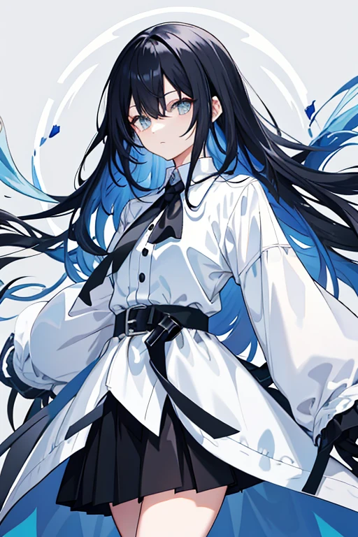 Game Art　 anime style　woman　 cool 　cute　 beautiful　 shows the whole body　 project from head to toe
Ultra detailed 　 top quality 　masterpiece　 cool　Height: 170cm　
 attire
I'm wearing a black and light blue long coat over a white shirt with black slacks and long sleeves　The long coat has a collar 　 her collar is standing up 　 high neck　 asymmetry　button　　belt　 simple design

hairstyles
Hair gathered in smooth waves 　Hair color is black　 white as the inner color of the hair

I don't have anything in my hands

facial expression and posture
Calm and careful eyes 　Relax your shoulders 、 gently looking forward 
